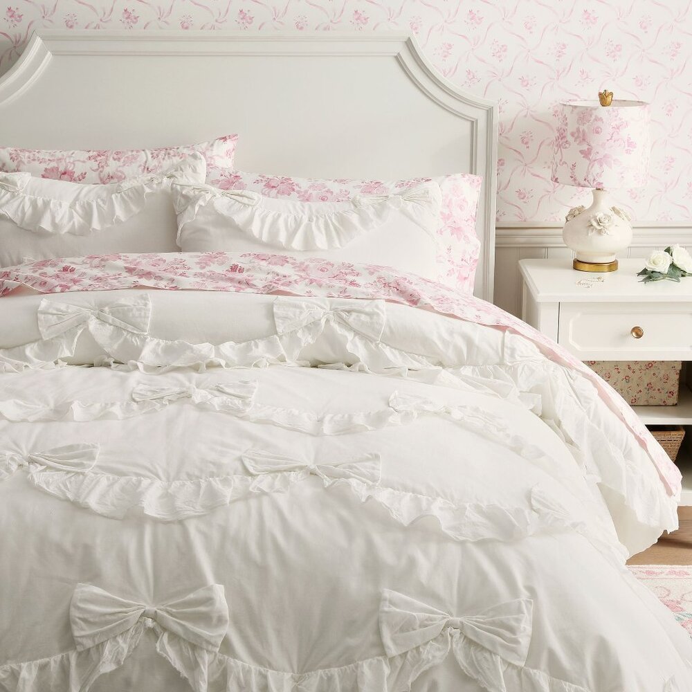 LoveShackFancy Ruffle Bow Quilt Ivory Full Queen Bedding Cotton